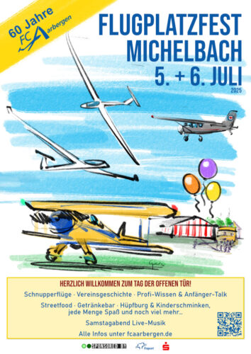 Plakat zum Flugplatzfest Michelbach, darauf sind mit lockerem Strich Segelflugzeuge und Ultraleichtflugzeuge inkl. Doppeldecker gezeichnet